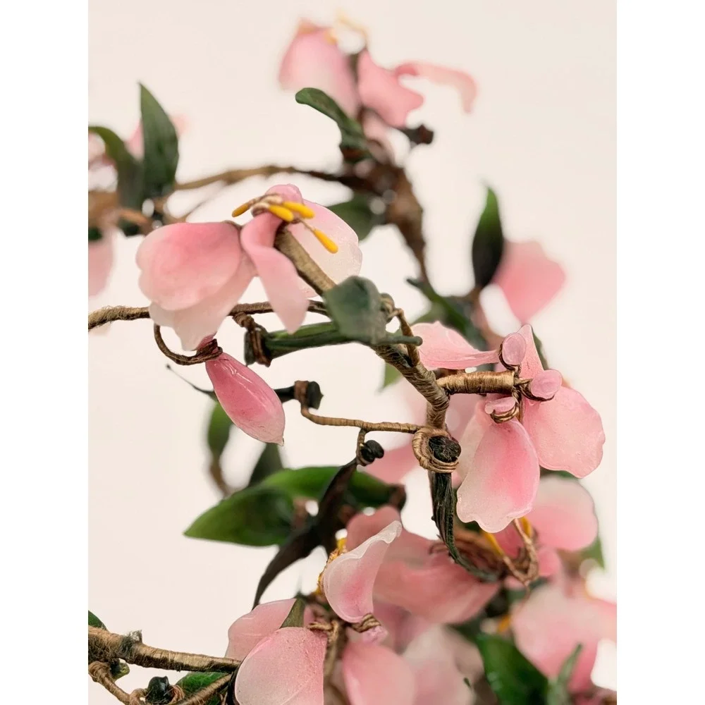 Vintage Glass Cherry Blossom Bonsai Tree Celadon Ceramic Pot Pink Green Asian